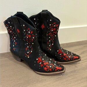 Black Cowgirl Boots Ankle Booties Rhinestone Sparkly Western Cowboy Boots Size 9